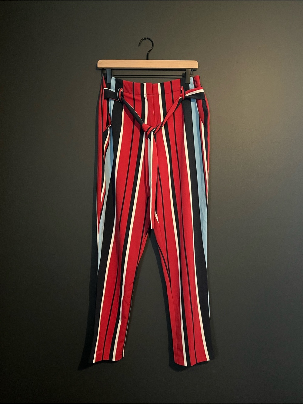 High-Rise Striped Paperbag Waist Pants - Red, Navy, Light Blue, White
